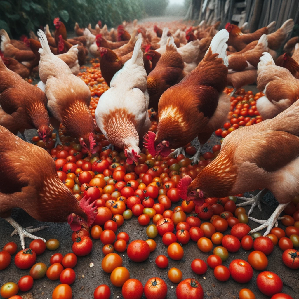 Photo of chickens eating red tomatoes on the ground