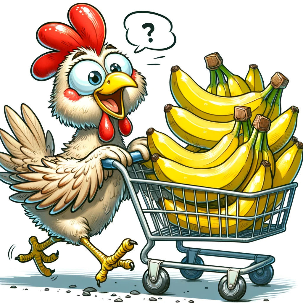 Illustration of a chicken pushing a cart full of bananas