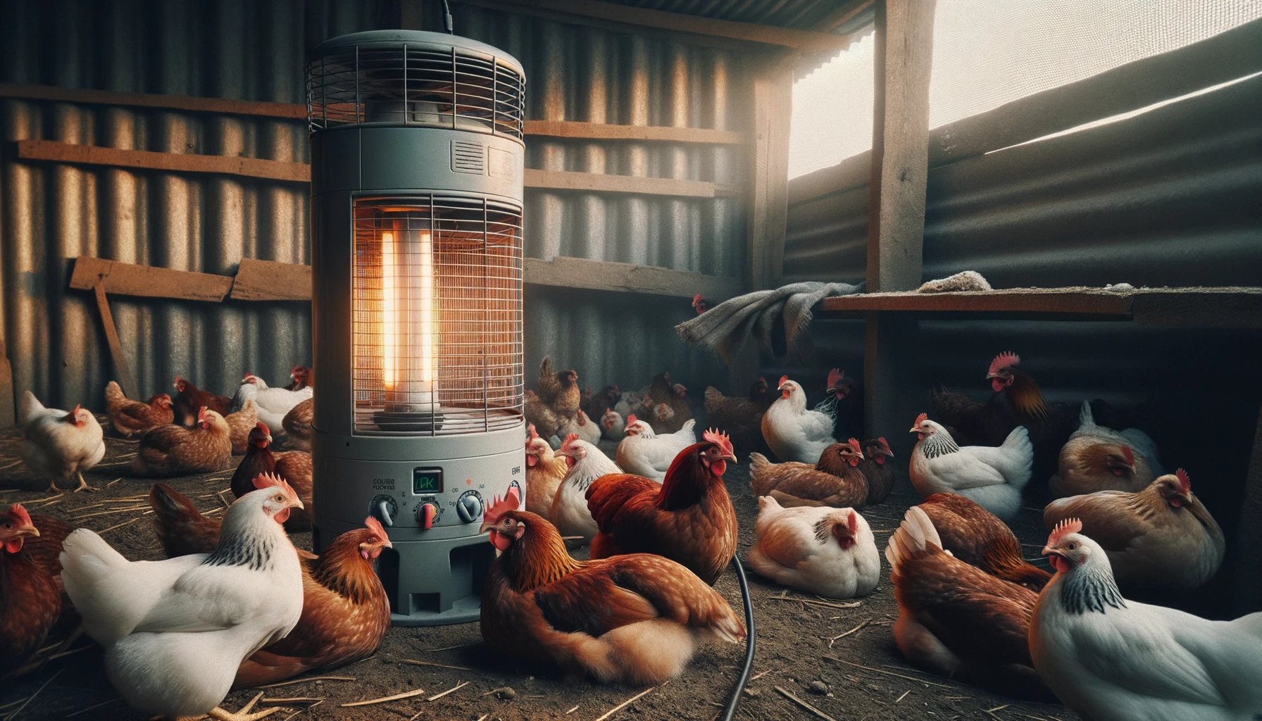DALL·E 2023 10 31 22.41.22 Photo capturing a moment inside a chicken coop where a heater is being used for warmth. The heater is placed at a safe distance from the chickens ens