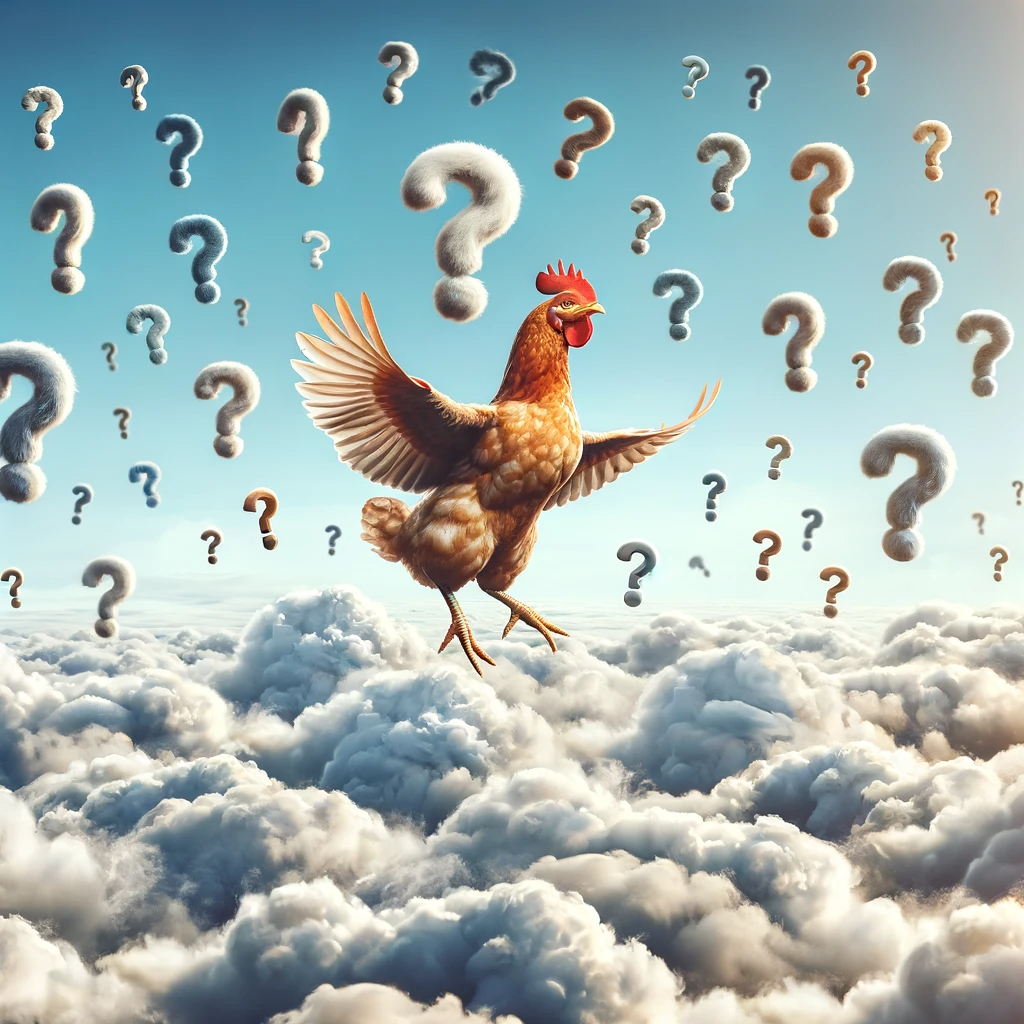 Chicken flying above clouds surrounded by question marks