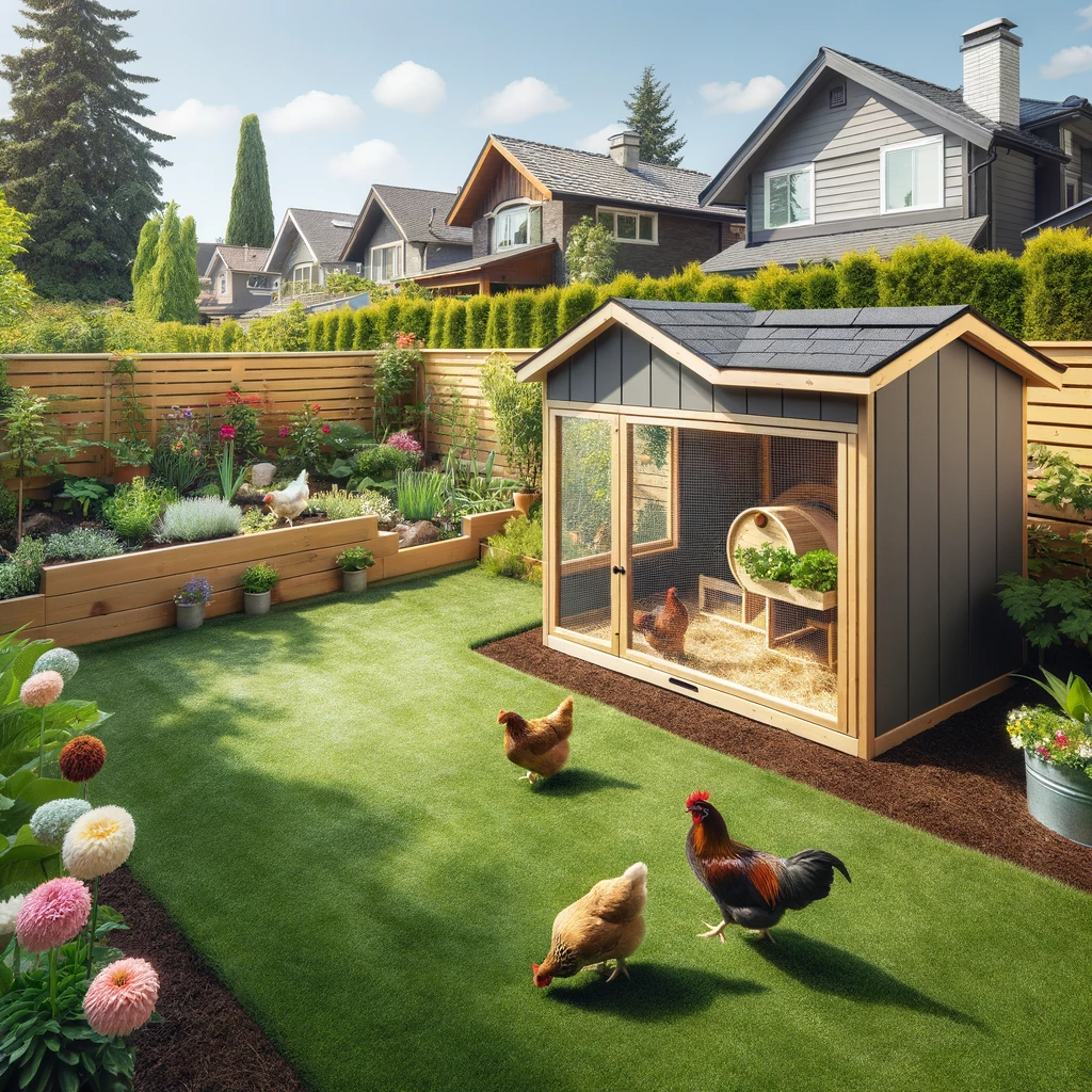 Well placed chicken coop in a bright green backyard