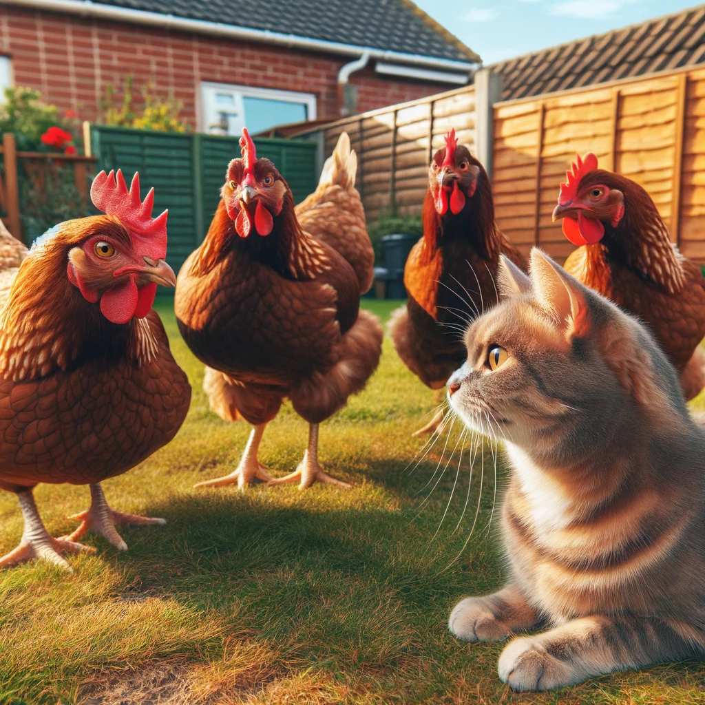 A curious cat cautiously observes a group of relaxed chickens in a sunny backyard