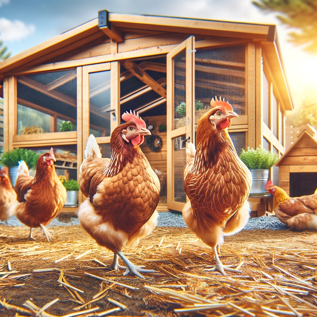 DALL·E 2023 12 06 16.03.01 Chickens Happily Roaming Around a Well Designed Coop Outdoors An image capturing chickens in a spacious attractive outdoor coop emphasizing the com