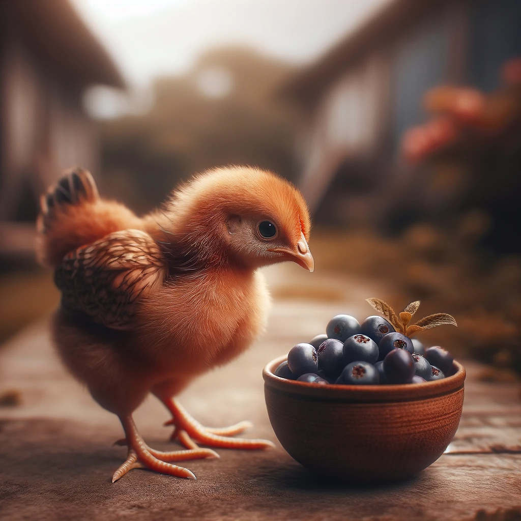Baby chicken eating acai berries