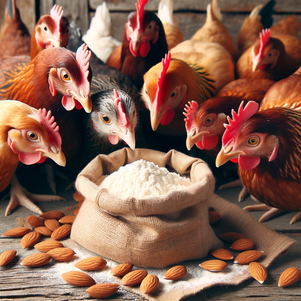 Chickens gathered around bag of almond flour