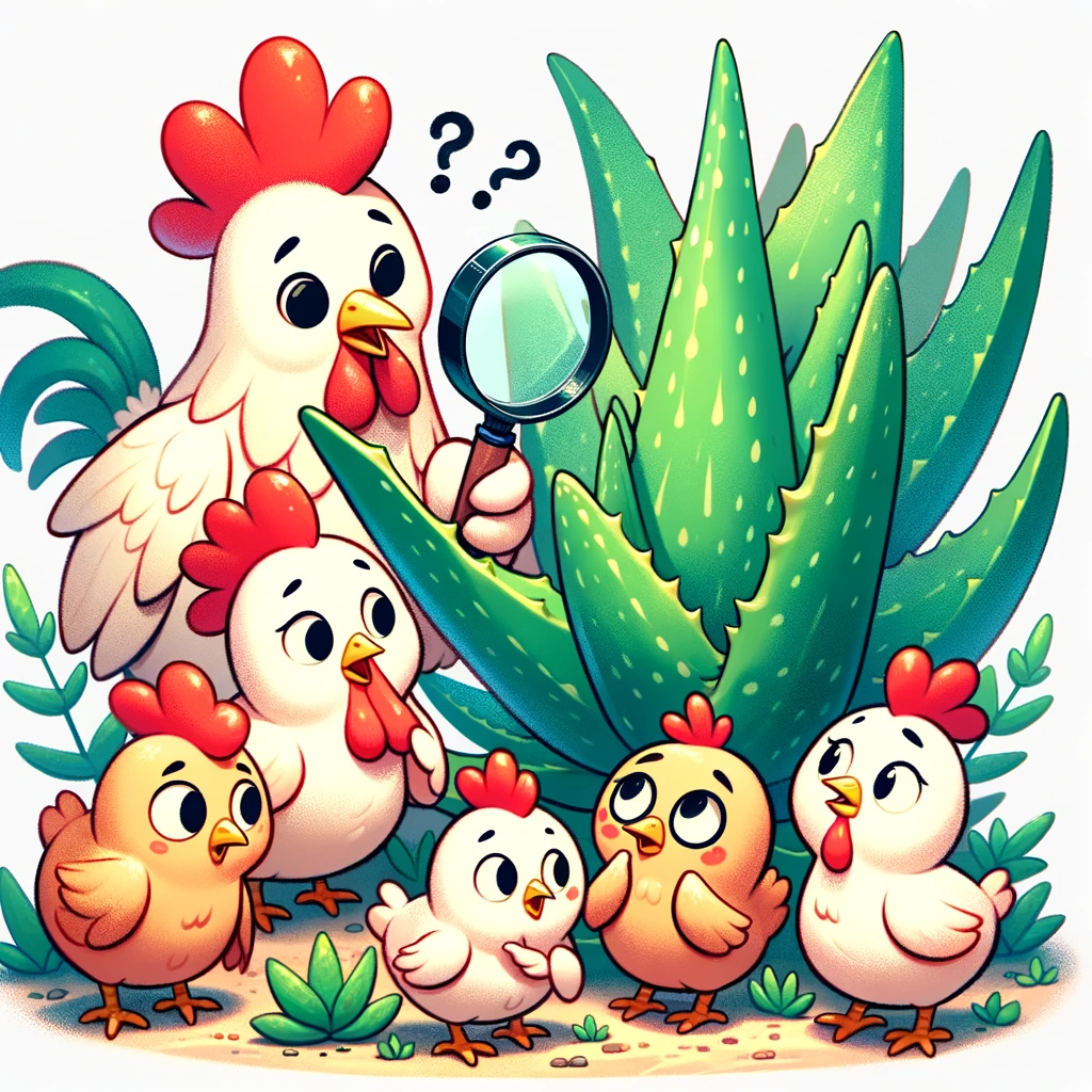Cartoon image of chickens examining an aloe vera plant