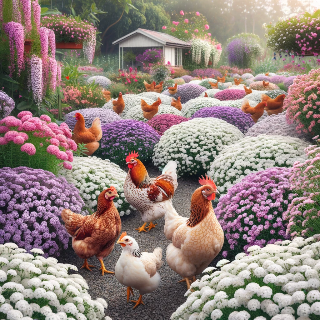 Chickens in an alyssum garden