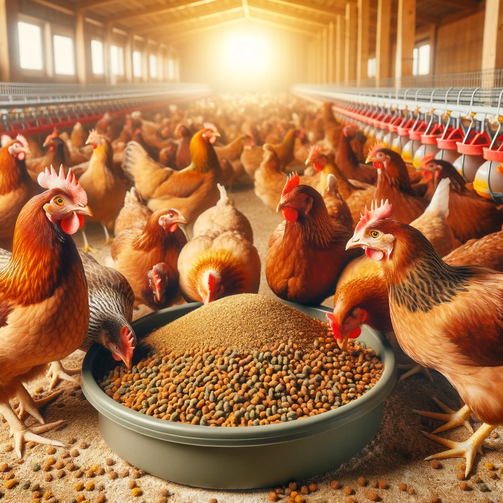 Chickens eating chicken feed