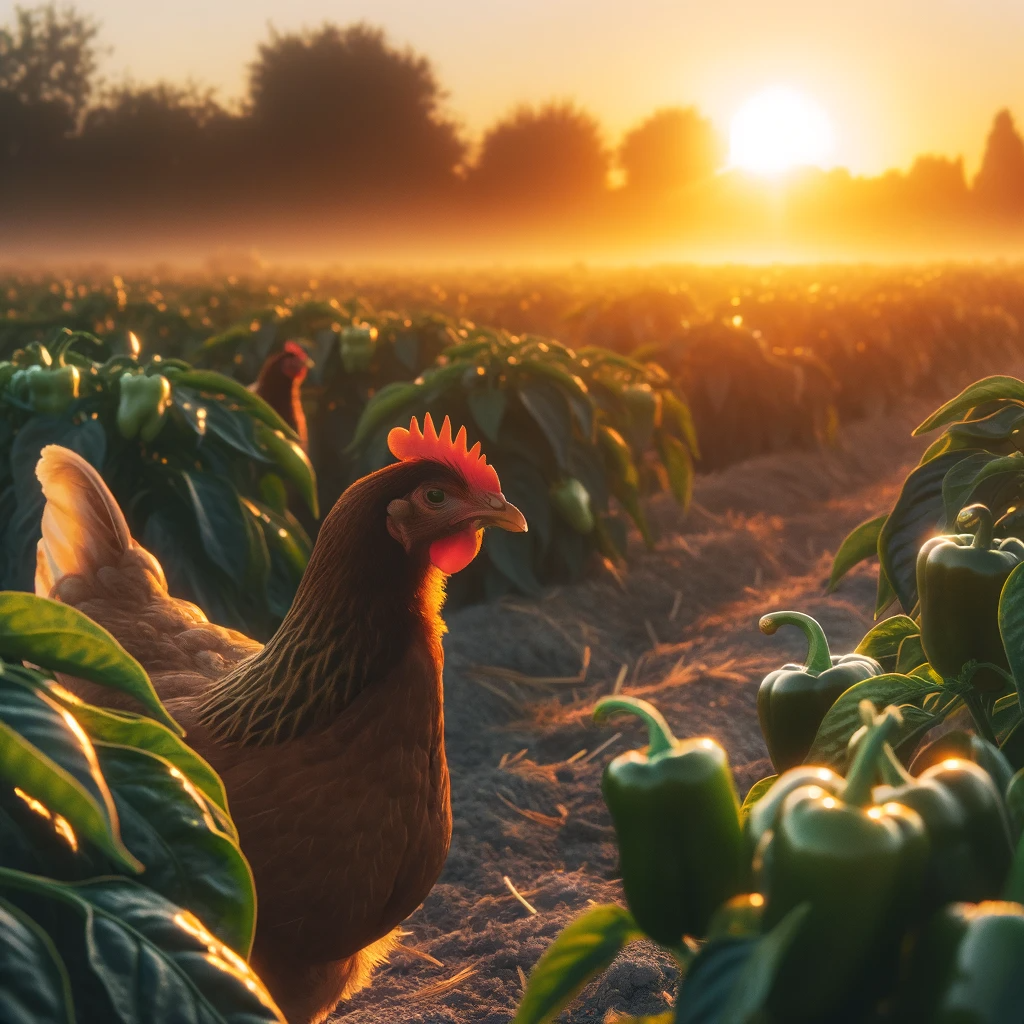 Chickens in an anaheim pepper field at sunset