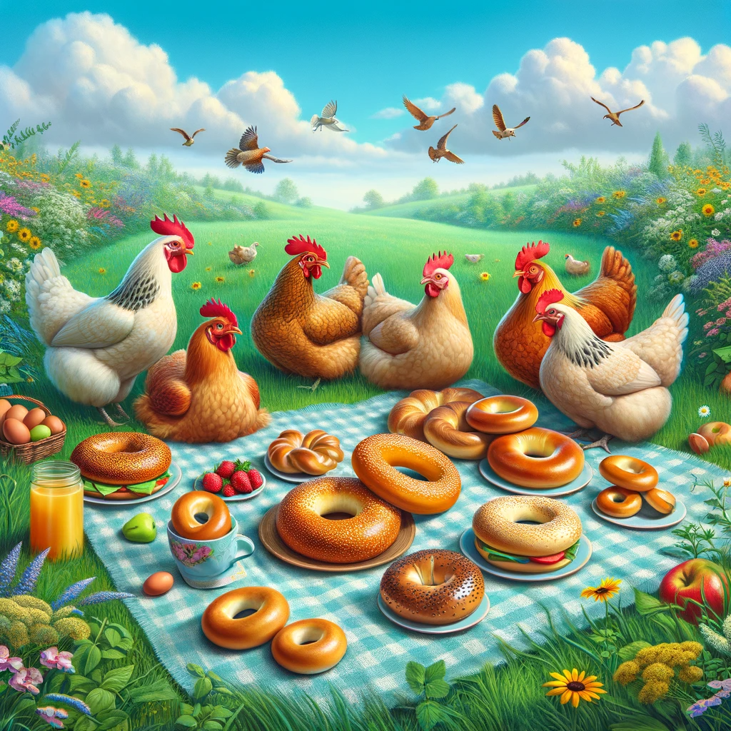 Chickens gathered around a picnic blanket with bagels on it