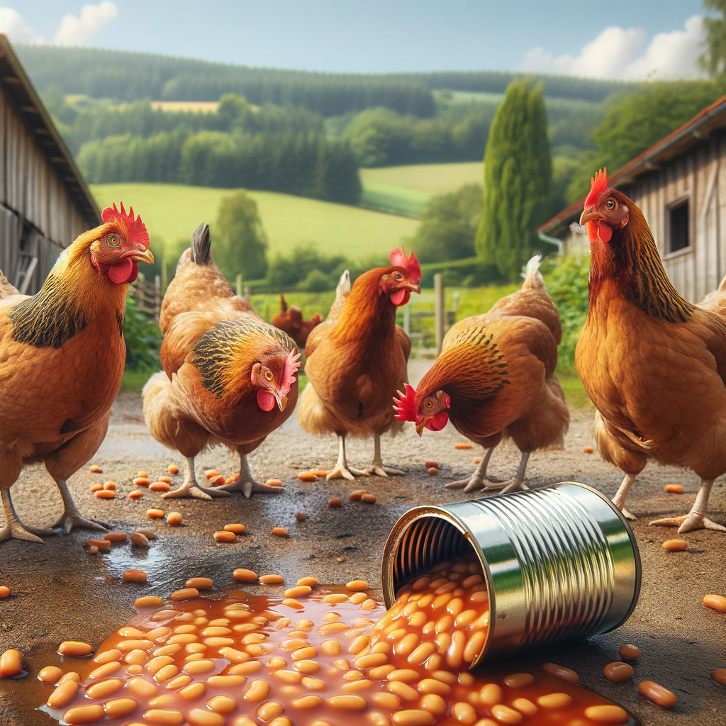 Chickens eating can of spilled baked beans
