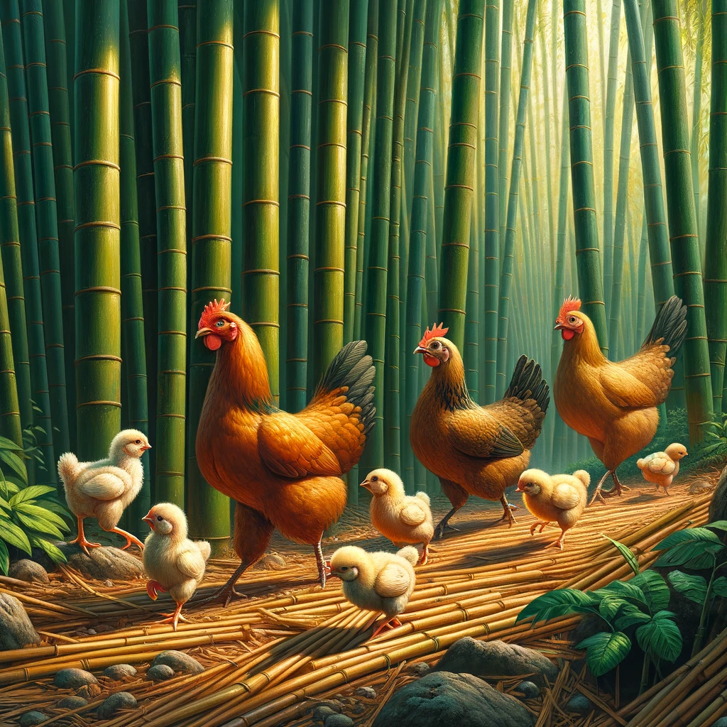 Chickens wandering in a bamboo forest