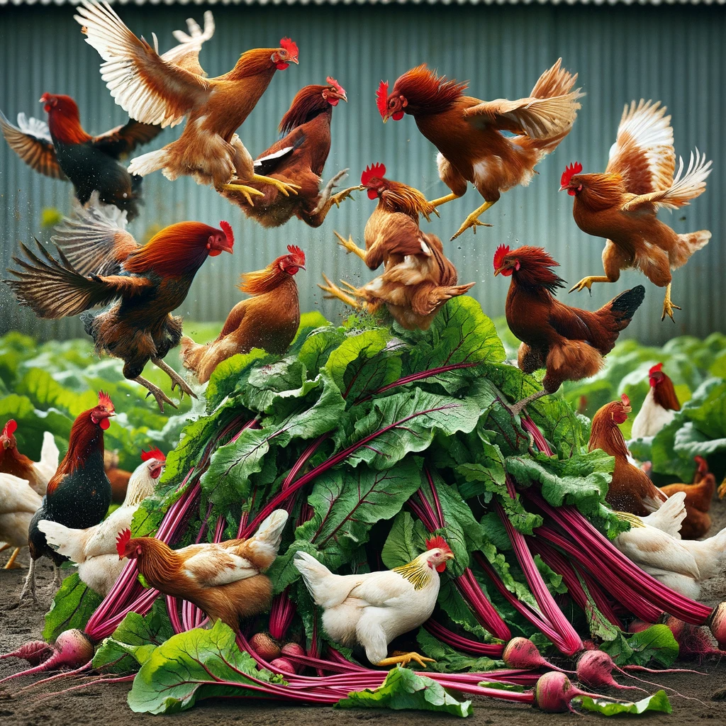 Chickens all converging on a pile of beets and beet greens