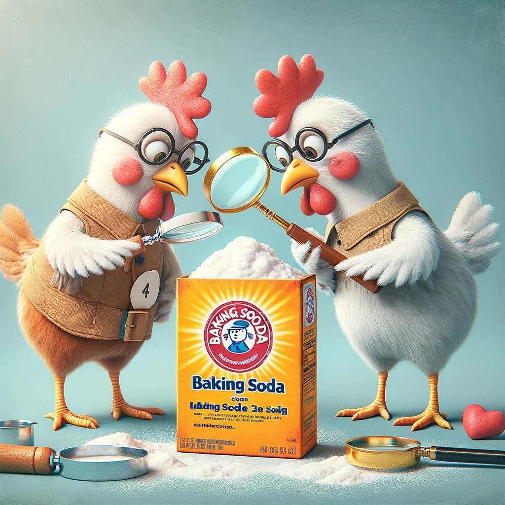 Chickens inspecting baking soda box with magnifying glasses