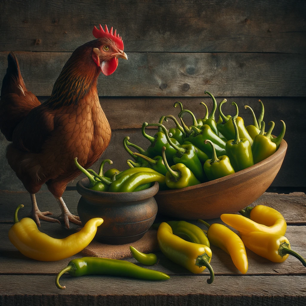 Chicken standing next to bowl of banana peppers