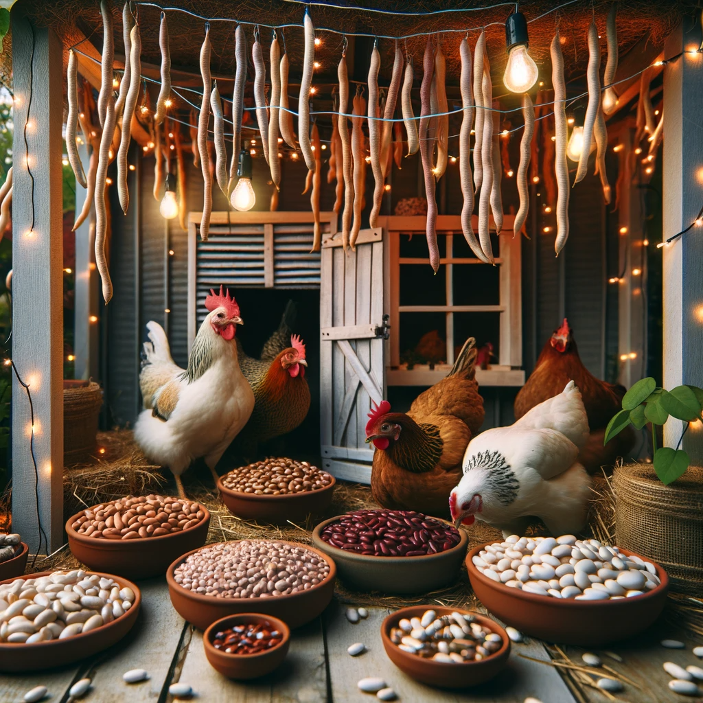 Chickens with bowls of various types of beans