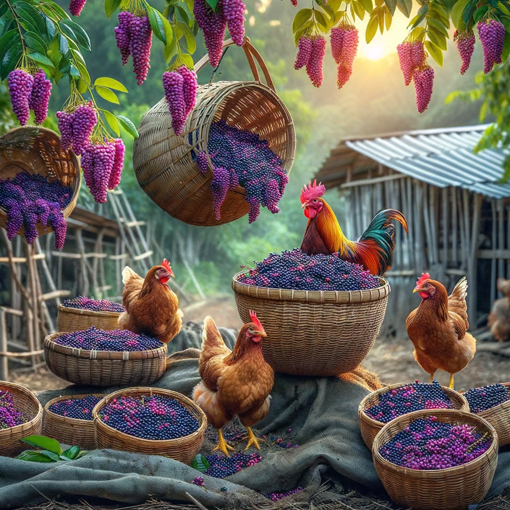 Chickens surrounded by beauty berry harvest