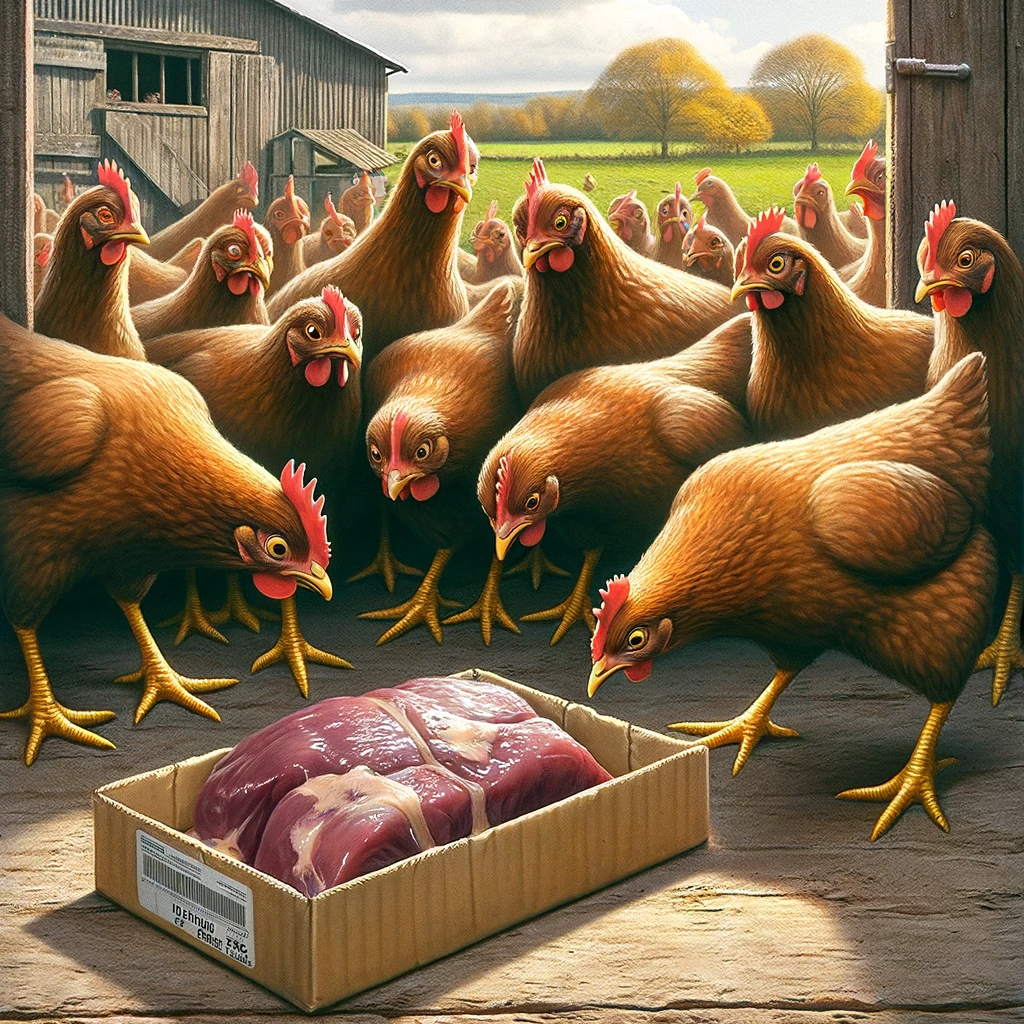 Chickens looking at package of beef liver