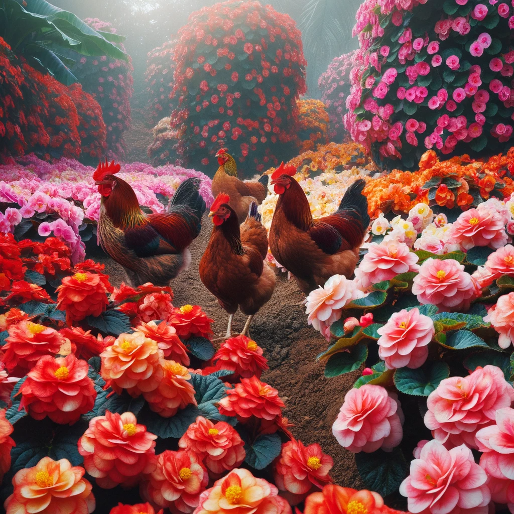 Chickens wandering through a field of begonias