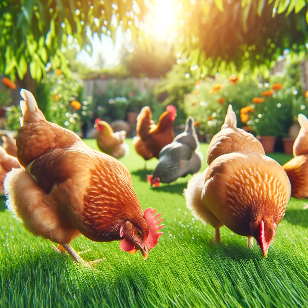 Chickens eating bermuda grass