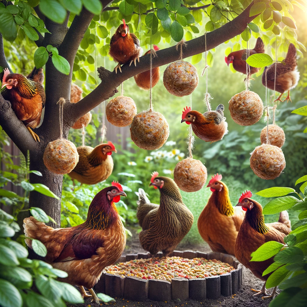 Chicken surrounded by hanging bird fat balls