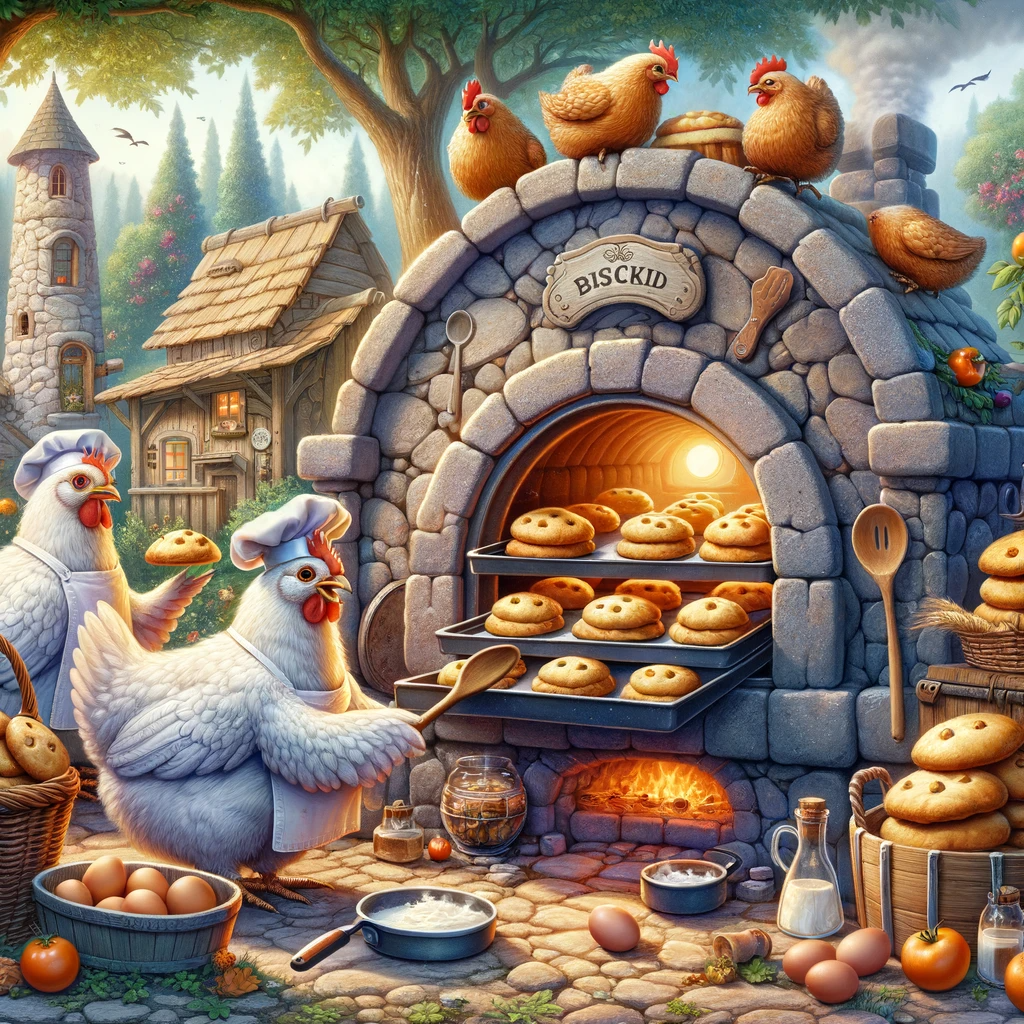 Illustration of chickens cooking biscuits in an outdoor oven