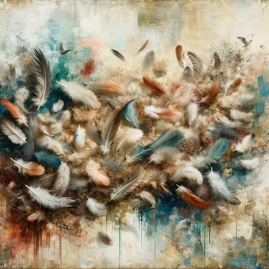 DALL·E 2024 02 03 14.26.05 An artistic representation of chicken feathers scattered across an abstract background symbolizing the concept of plucking chickens feathers in the