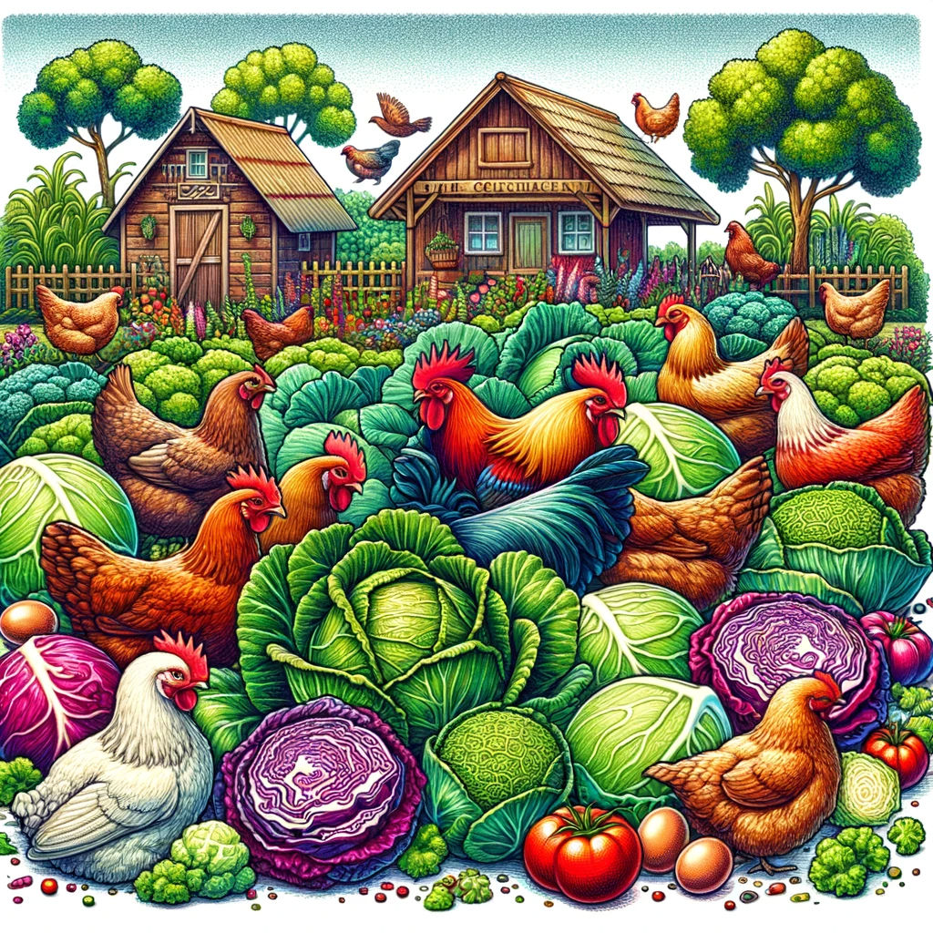 Illustration of chickens surrounded by cabbage