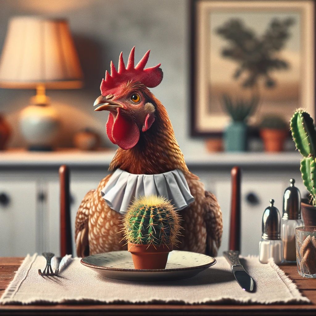 Chicken eating cactus at dinner table