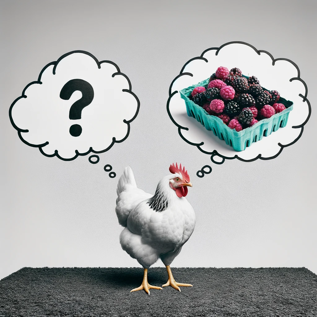 Chicken with boysenberries and a question mark in two thought bubbles above its head