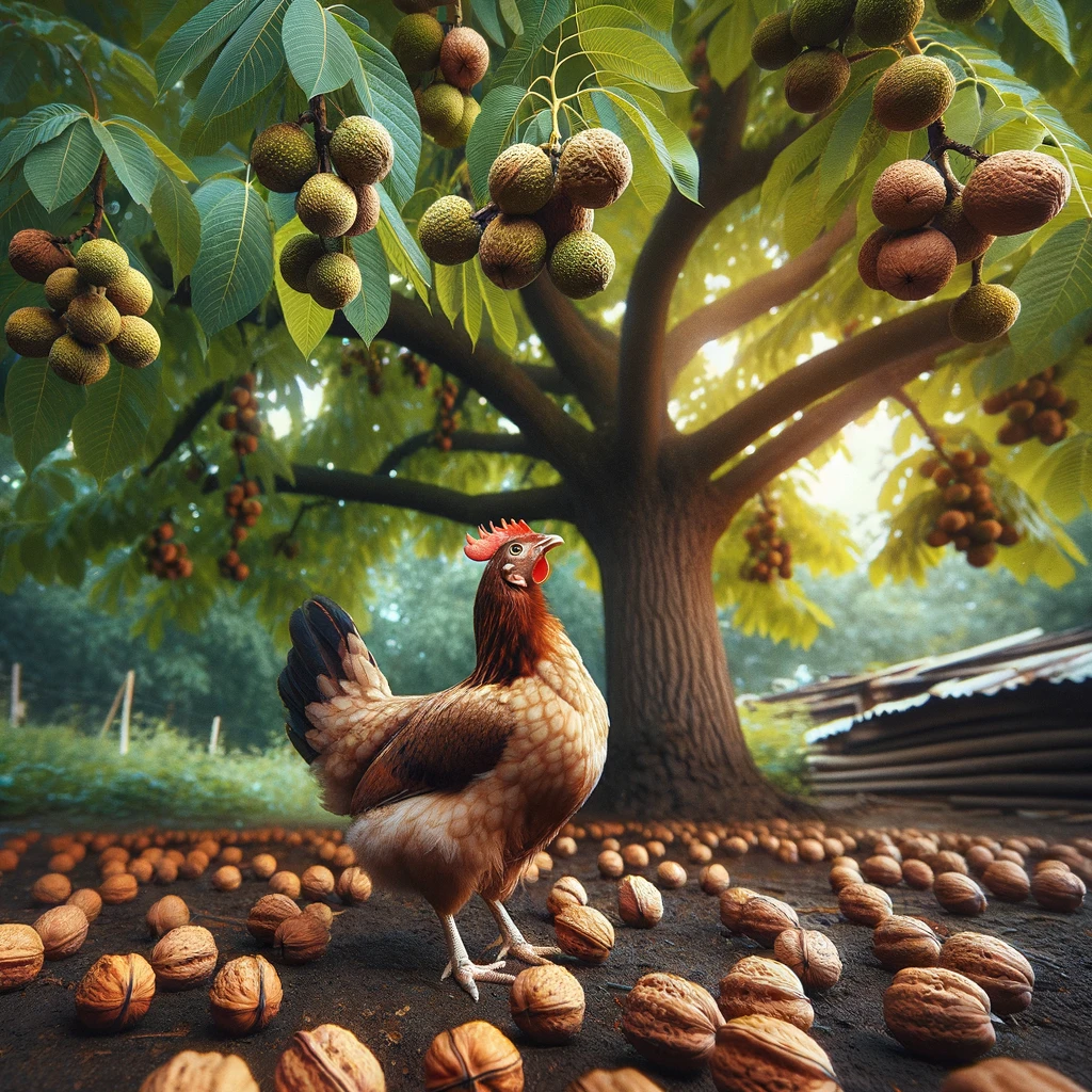 Chicken standing under black walnut tree