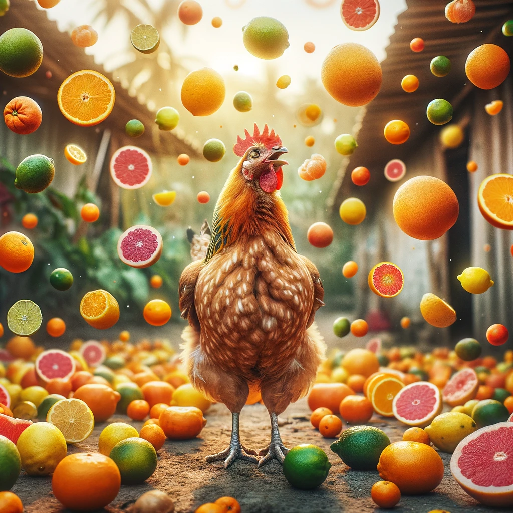 Chicken surrounded by various citrus fruits falling from the sky