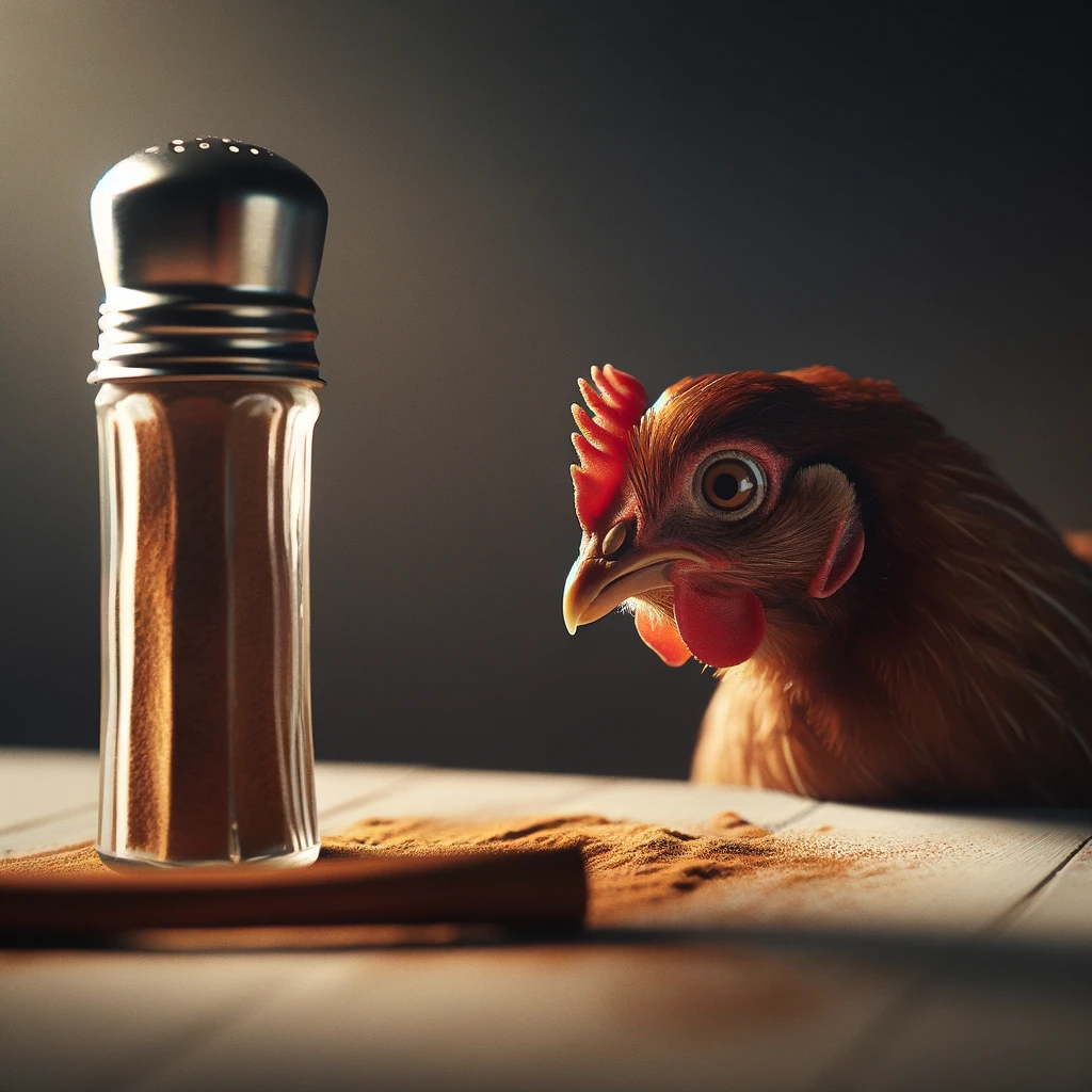 Chicken looking at cinnamon in a shaker