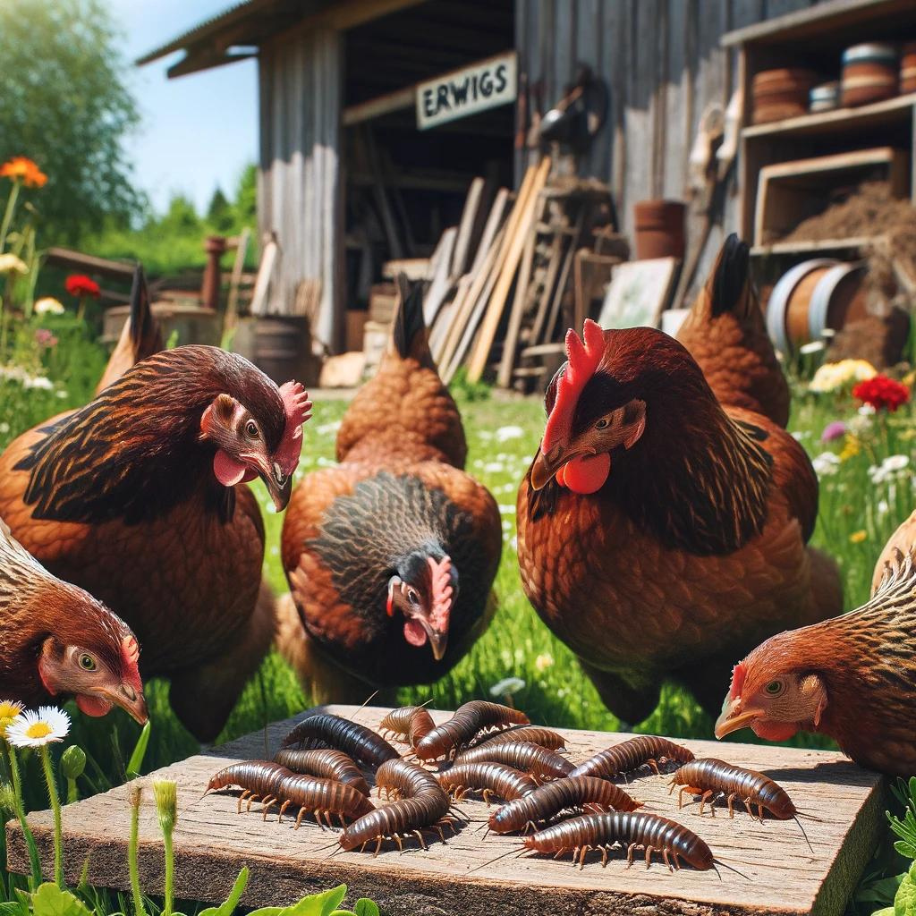 Chickens eating Earwigs
