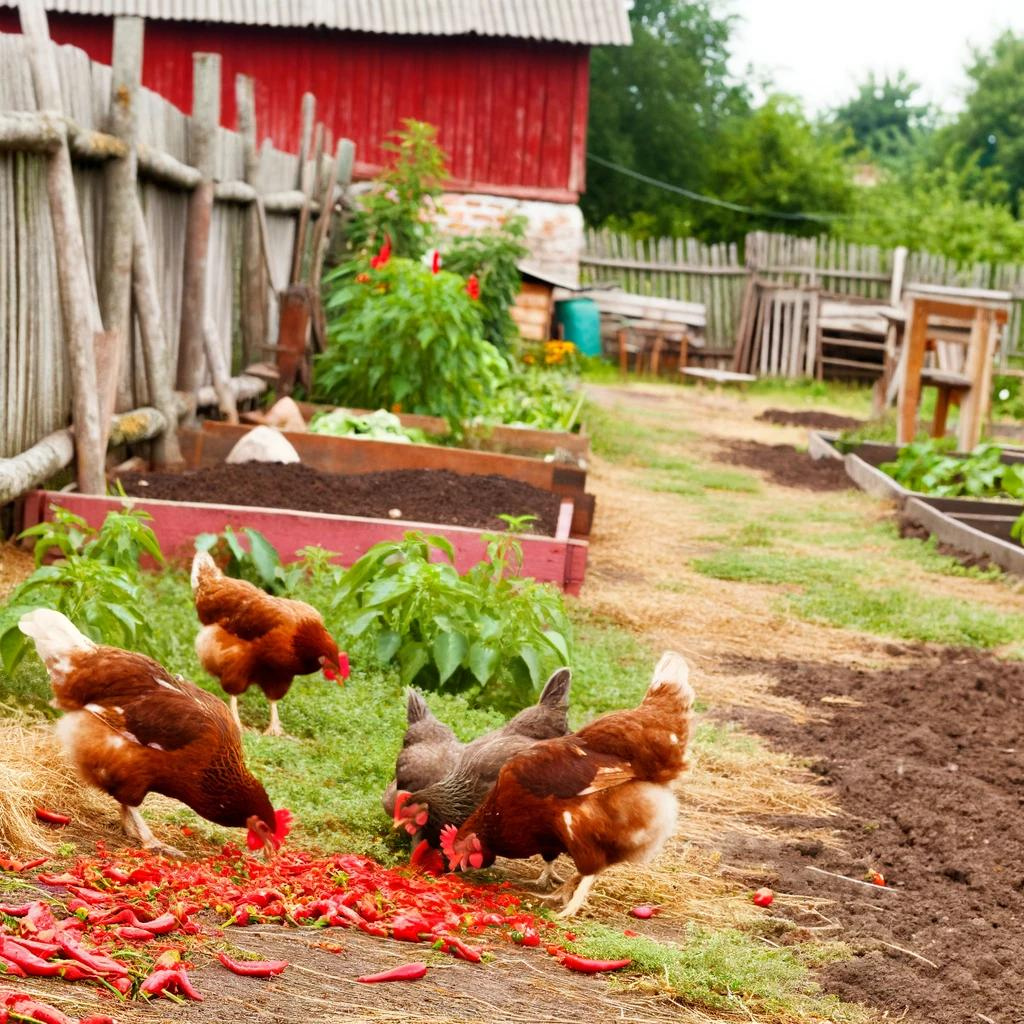 Chickens eating red peppers