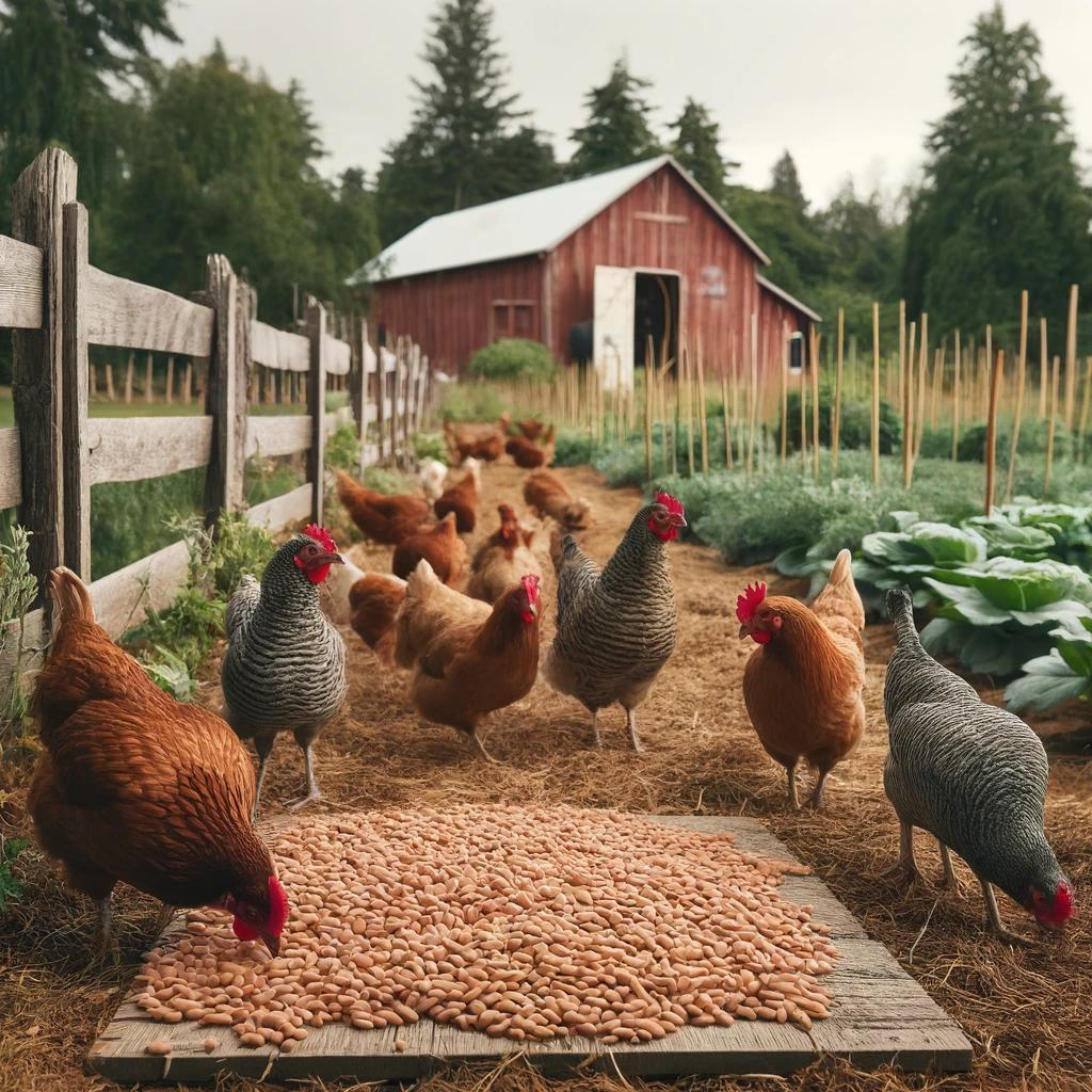 Chickens eating refried beans